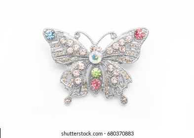 Brooch silver butterfly with diamonds isolated on white