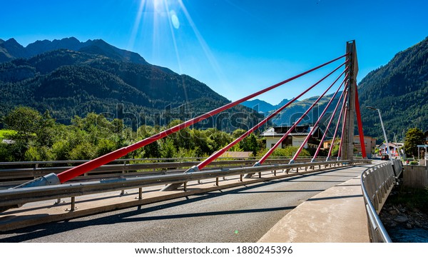 brook, tyrol, austria, 2020, september,\
05, a modern bridge over the lech river in\
tyrol