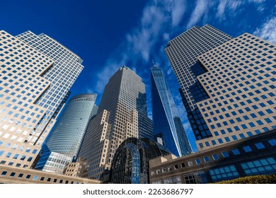 Brookfield Place in downtown Manhattan, New York at a sunny day in November 2022. I like to spot; you'll have great views on New Jersey from here, there's a great shopping mall.