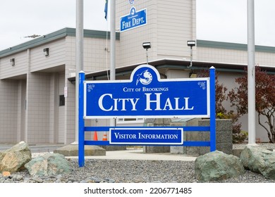 Brookings, OR, USA - September 17, 2022; Sign For City Of Brookings City Hall And Visitor Information In Southwest Oregon