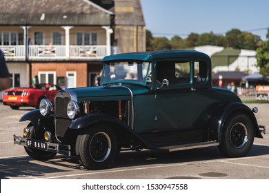 Brooklands Museum / UK - 08/02/2018: 
 Vintage ford hotrod at American Day.