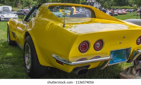 Brookline, MA/ USA - June 10, 2018: 1972 Yellow Corvette 