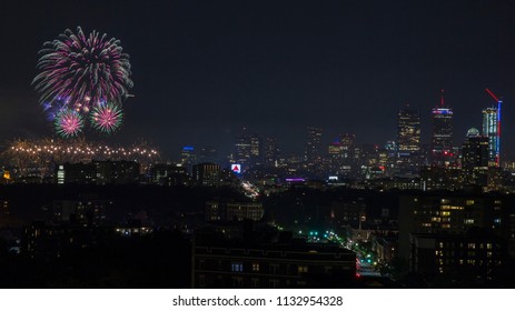 Brookline, MA/USA--07/04/2018 July 4th Fireworks Light Up The Sky Of Greater Boston Area 