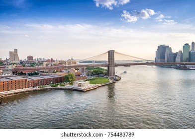 Brooklyn Bridge Aerial View At Sunset, NYC.