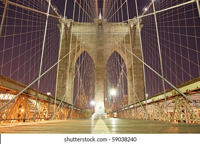 Brooklyn Bridge Arch At Night In New York