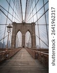 Brooklyn Bridge, the cable-stayed suspension bridge opened in 1883 in New York City spanning the East River between the boroughs of Manhattan and Brooklyn, in USA