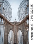 Brooklyn Bridge, the cable-stayed suspension bridge opened in 1883 in New York City spanning the East River between the boroughs of Manhattan and Brooklyn, in USA