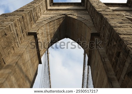 Similar – Image, Stock Photo Close-up view of Brooklyn Bridge’s cable with Manhattan backdrop