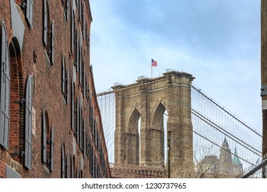 Brooklyn Bridge From Historical Society Dumbo In Brooklyn, New York, USA