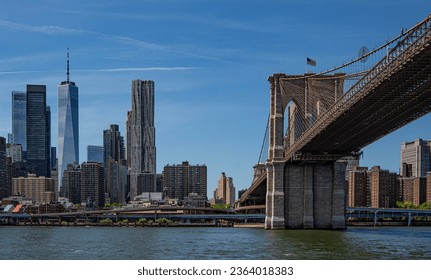 Brooklyn Bridge looking towards Manhattans South Street Seaport on a clear day - Shutterstock ID 2364018383
