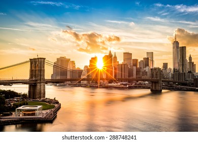 Brooklyn Bridge and the Lower Manhattan skyline at sunset, as viewed from Manhattan Bridge - Powered by Shutterstock