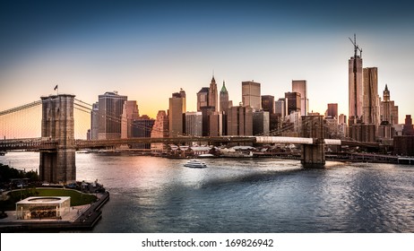 Brooklyn Bridge and the Lower Manhattan at sunset in New York City