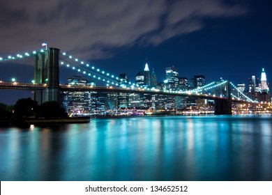 Brooklyn Bridge And Manhattan, New York, Night Scene