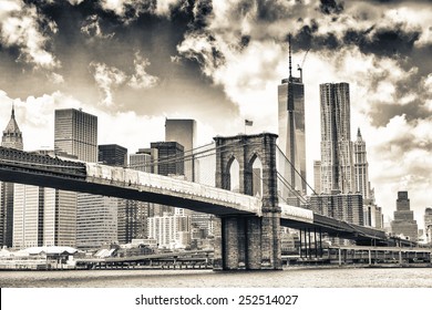 Brooklyn Bridge With Manhattan On Background.