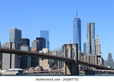 Brooklyn Bridge And Manhattan Skyline On A Clear Blue Day, New York City