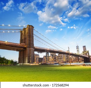 The Brooklyn Bridge, New York. Beautiful Colors At Summer Sunset.