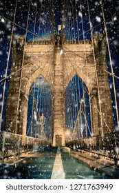 Brooklyn Bridge New York City With Snowflakes Falling During Winter Snow Storm