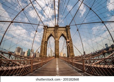 Brooklyn bridge and New York city in the background from a fish eye perspective
