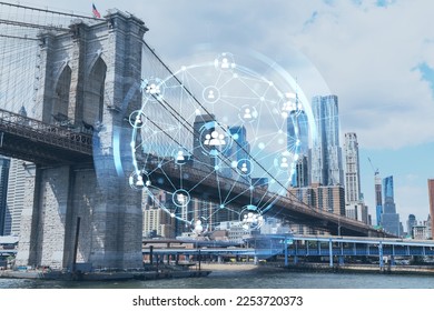 Brooklyn bridge with New York City Manhattan, financial downtown skyline panorama at day time over East River. Social media hologram. Concept of networking and establishing new people connections - Powered by Shutterstock