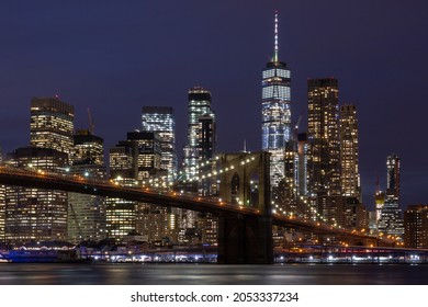 Brooklyn Bridge, New York with Manhattan Skyline at Dusk