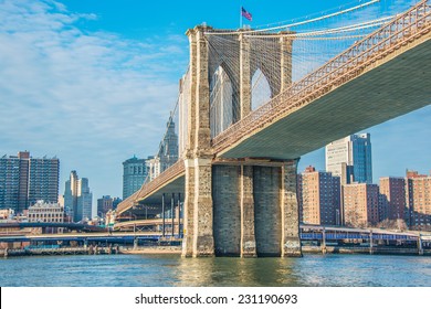 Brooklyn Bridge In New York On Bright Summer Day