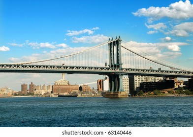 Brooklyn Bridge In New York On Bright Summer Day