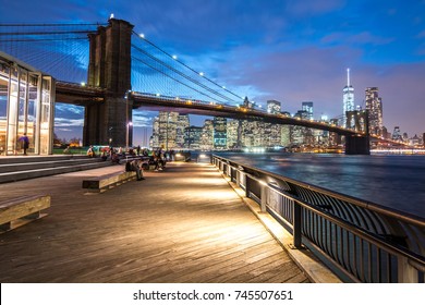 Brooklyn Bridge At Night With Manhattan In The Background , New York