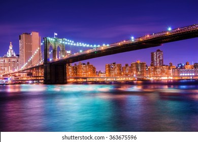 Brooklyn Bridge At Night In New York