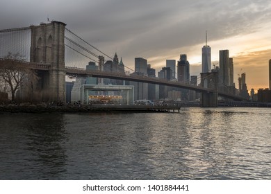 Brooklyn Bridge At Night View From Brooklyn Neighborhood, Manhattan, New York.