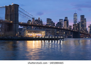 Brooklyn Bridge At Night View From Brooklyn Neighborhood, Manhattan, New York.