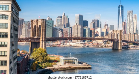 Brooklyn Bridge Park And Manhattan Skyline From Manhattan Bridge On A Sunny Morning - New York City.