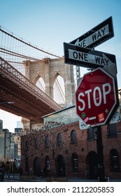 Brooklyn Bridge With The Stop And One Way Sign 