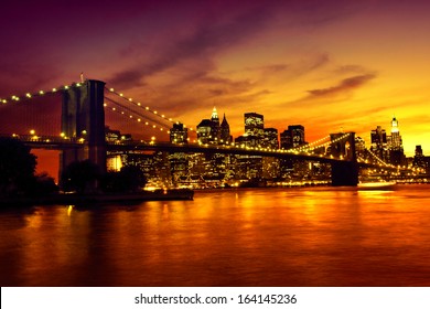 Brooklyn Bridge At Sunset, New York