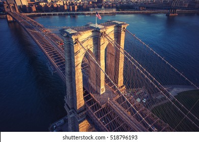 Brooklyn Bridge trom top - aerial view with East river. Background image. Taken from Brooklyn.