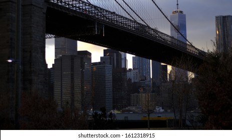 Brooklyn Bridge view from Dumbo New York City. WTC 1 in the background and other sky scrapers. Skyline of New York 2018