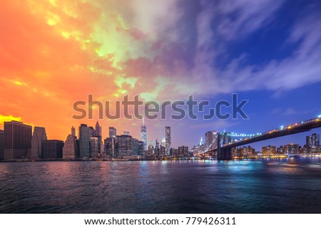 Brooklyn Bridge in a warm summer Day to Night New York City, USA