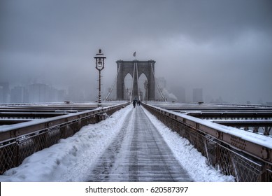 Brooklyn Bridge In Winter Snow