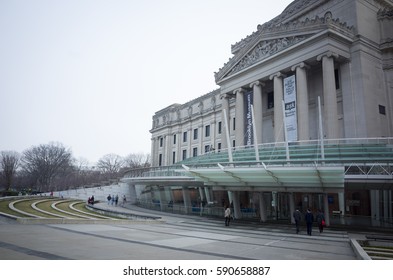 Brooklyn Museum Entrance Exterior On Overcast Day - February 25, 2017, Eastern Parkway, New York City, NY, USA