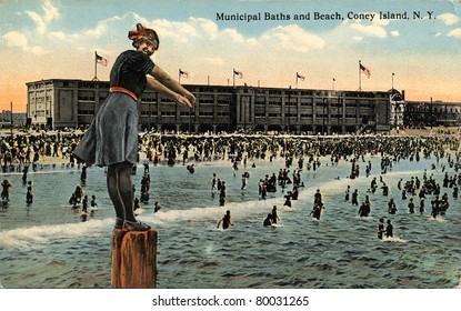 BROOKLYN, NEW YORK - CIRCA 1912: Vintage Postcard Depicting The Municipal Baths And Beach On Coney Island, Brooklyn, New York, USA, Circa 1912.