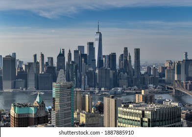 Brooklyn, New York - Dec 11, 2020: Panoramic view of the New York City skyline from downtown Brooklyn.