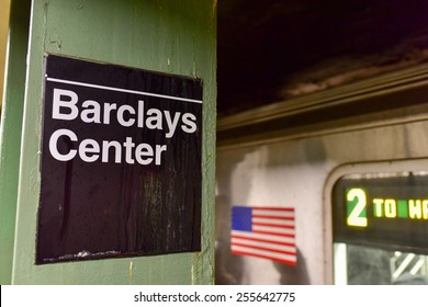 BROOKLYN, NEW YORK - FEBRUARY 22, 2015: Atlantic Avenue, Barclays Center Station In The New York City Subway System As A 2 Train Approaches.