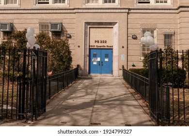 BROOKLYN, NEW YORK - FEBRUARY 25, 2021: Elementary school P.S. 222 welcomes students in Brooklyn, NY. New York closed down the public school system. Elementary Schools reopened on December 7th, 2020