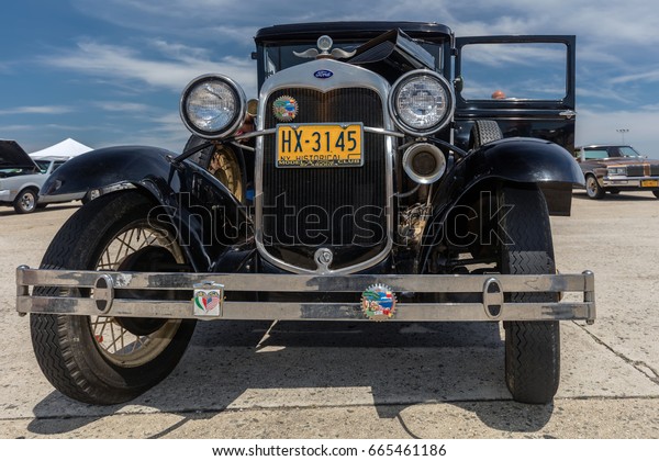 BROOKLYN, NEW YORK -\
JUNE 11 2017: A Ford Model A on display at the Antique Automobile\
Association of Brooklyn Annual Show at the Floyd Bennett Field in\
Brooklyn, New York,\
USA.