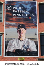 BROOKLYN, NEW YORK - JUNE 4 , 2017: New York Yankees Pride Passion Pinstripes Advertising In Brooklyn, New York