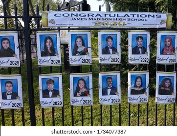 BROOKLYN, NEW YORK - MAY 14, 2020: To Honor Its New Graduates In A Coronavirus (COVID-19) Pandemic James Madison High School Is Now Decorated With Photos Of Graduating Seniors Of The Class Of 2020