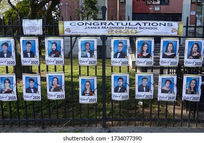 BROOKLYN, NEW YORK - MAY 14, 2020: To Honor Its New Graduates In A Coronavirus (COVID-19) Pandemic James Madison High School Is Now Decorated With Photos Of Graduating Seniors Of The Class Of 2020