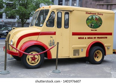 BROOKLYN, NEW YORK - MAY 2, 2019: Vintage Elmhurst Dairy DIVCO Delivery Truck In Brooklyn Bridge Park.