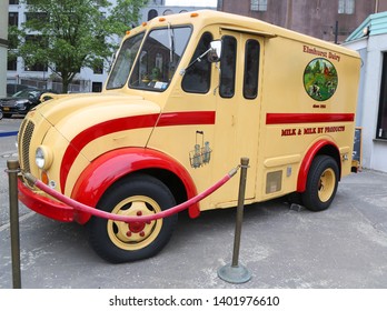 BROOKLYN, NEW YORK - MAY 2, 2019: Vintage Elmhurst Dairy DIVCO Delivery Truck In Brooklyn Bridge Park.