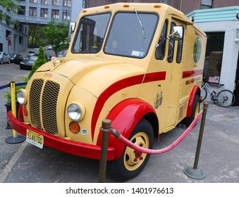 BROOKLYN, NEW YORK - MAY 2, 2019: Vintage Elmhurst Dairy DIVCO Delivery Truck In Brooklyn Bridge Park.