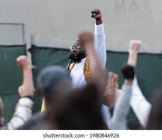 Brooklyn, New York, United States - May 25, 2021 - Reverend Kevin McCall Speaks To The Crowd At Cadman Plaza Park In Brooklyn On The Anniversary Of George Floyd's Death. 